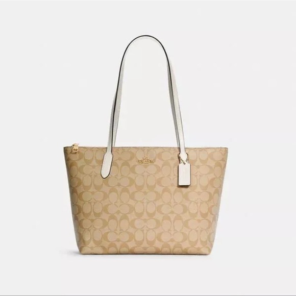Coach Zip Top Tote Bag In Gold/Light Chalk - Picture 1 of 9